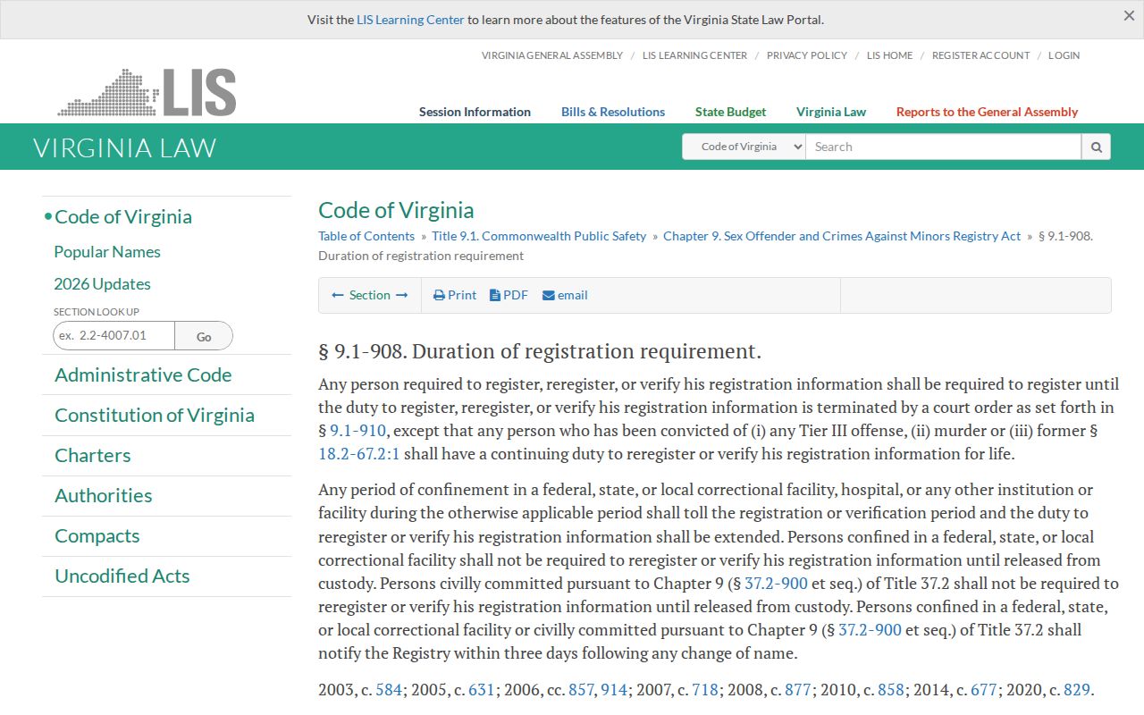 Tazewell County sex offender registry duration law in Virginia Code