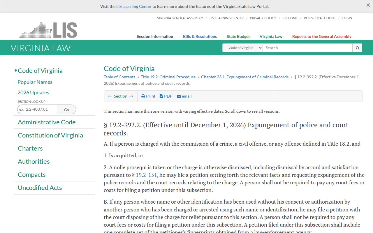 Tazewell County criminal records Virginia expungement law