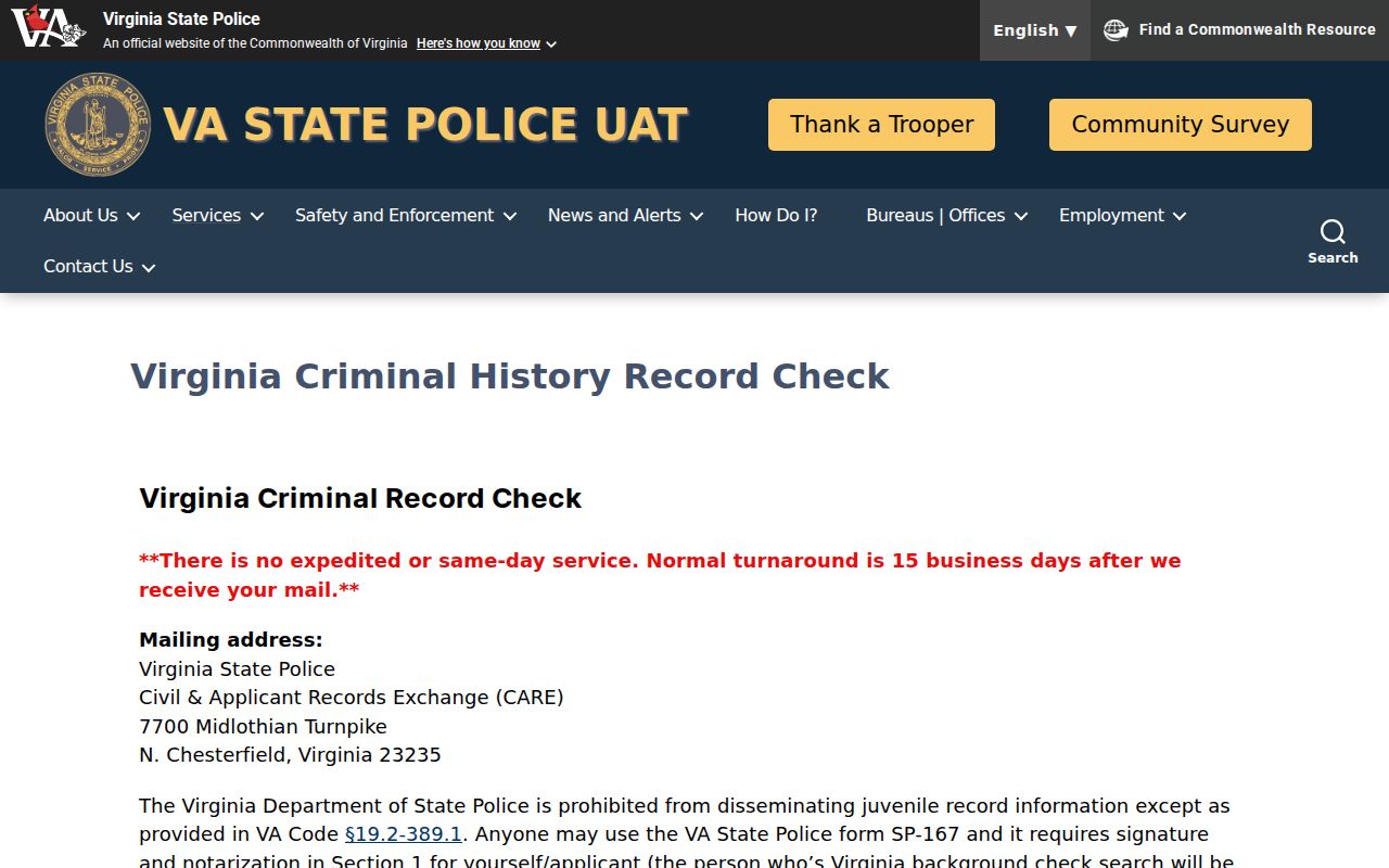 Tazewell County criminal history Virginia State Police background check rules